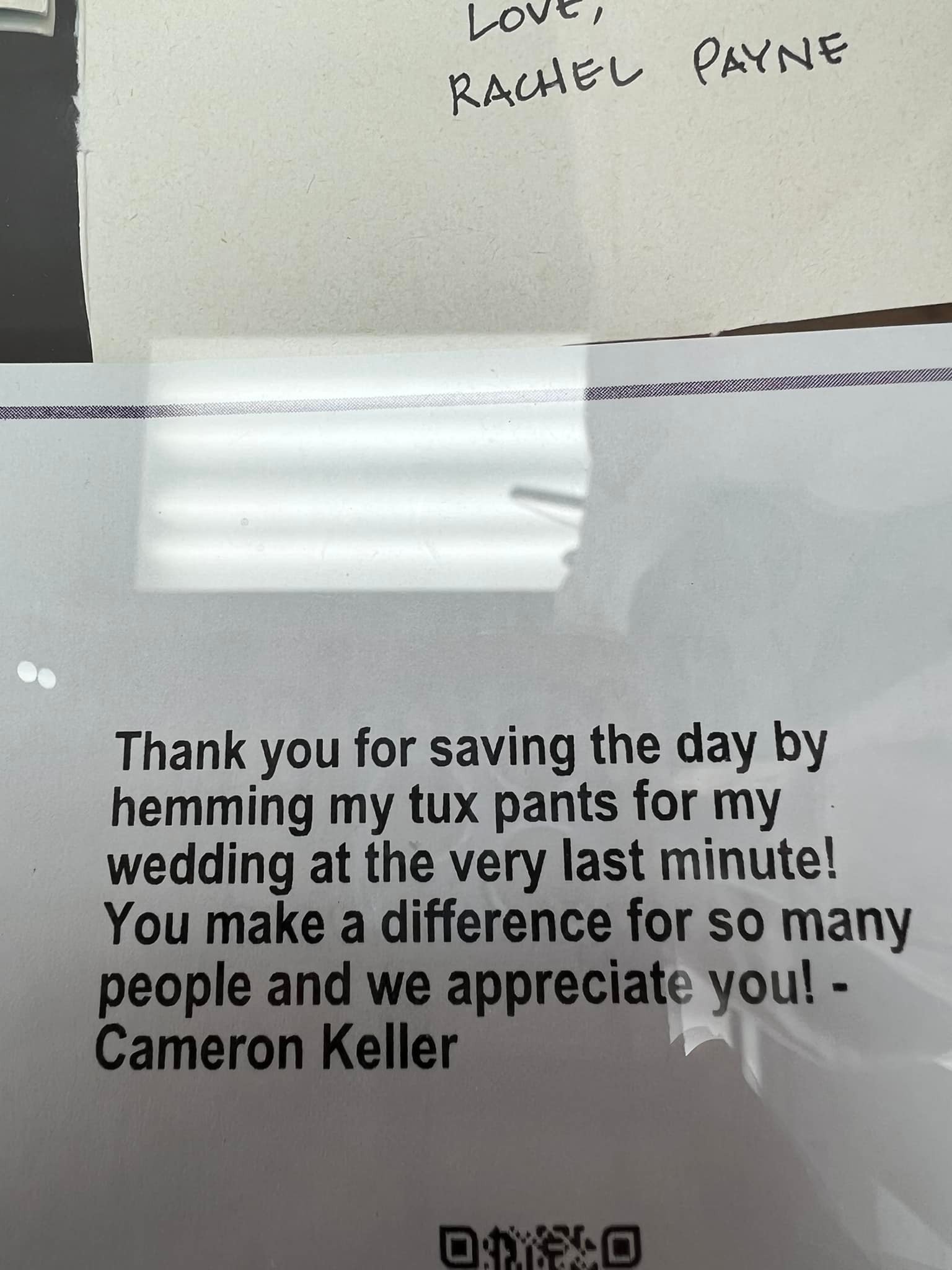 Original photographed thank-you note from Cameron Keller